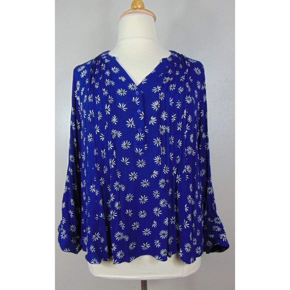 Market & Spruce Blue Floral V-Neck Blouse top Women's 1x Roll Tab Flowy Ditsy - Picture 2 of 9